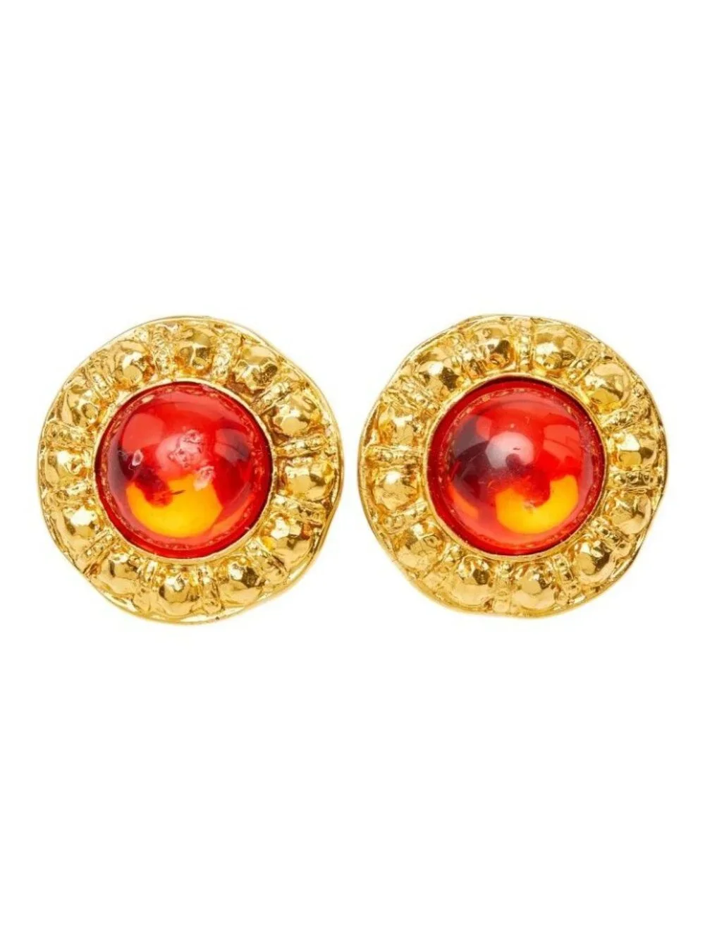 Chanel CC Logo Gripoix Vintage Round Earrings Gold Red Plated Glass